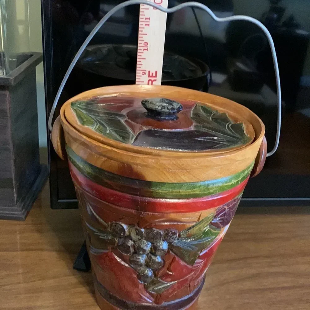 Hand carved & hand painted wooden vintage ice bucket
